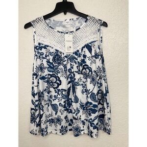 Xieerduo XXL Blue White Floral Lace Yoke Sleeveless Tank Top Plus Size NWT